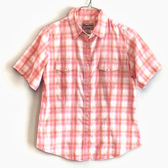 Wrangler Western Shirt Size Small Pearl Snap Short sleeve Pink Peach - Picture 2 of 10